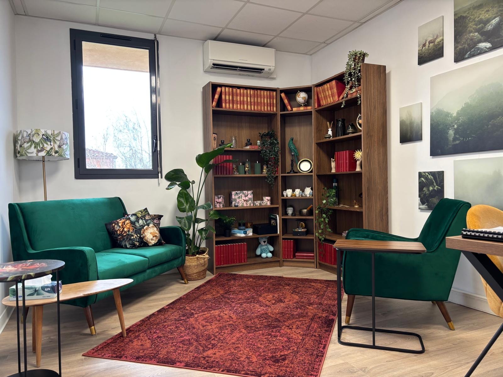 Espace thérapeutique à louer à Pertuis — Espace Lumen avec canapé en velours vert et bibliothèque